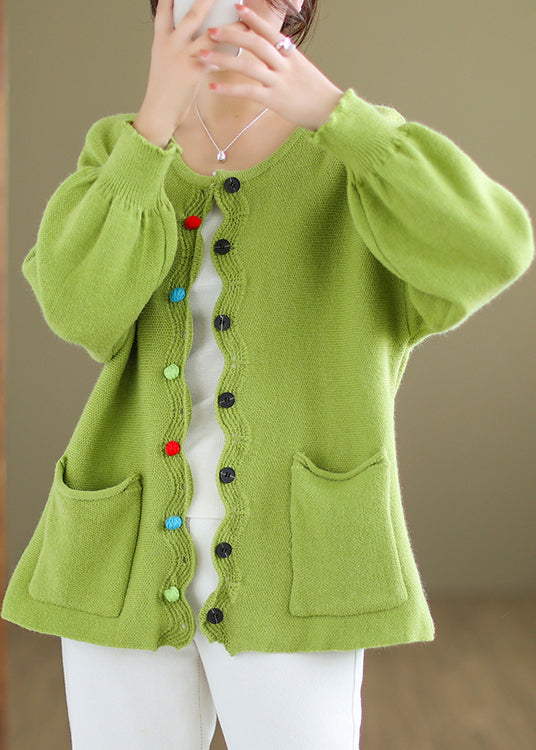 Plus Size Green Button Pockets Knit Coat Long Sleeve