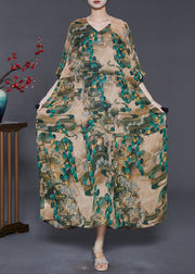 Plus Size Green Cinched Print Chiffon Long Dress Fall