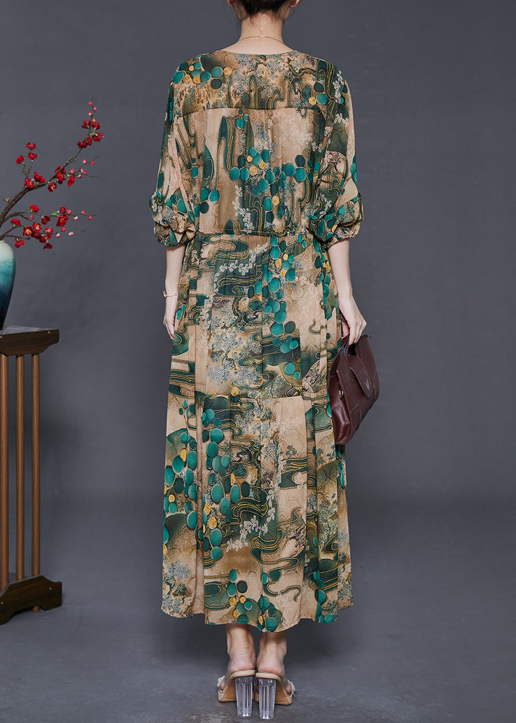 Plus Size Green Cinched Print Chiffon Long Dress Fall