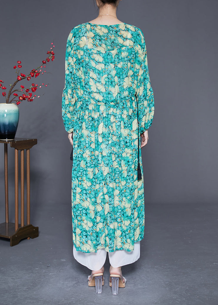 Plus Size Green Cinched Print Chiffon Maxi Dresses Lantern Sleeve