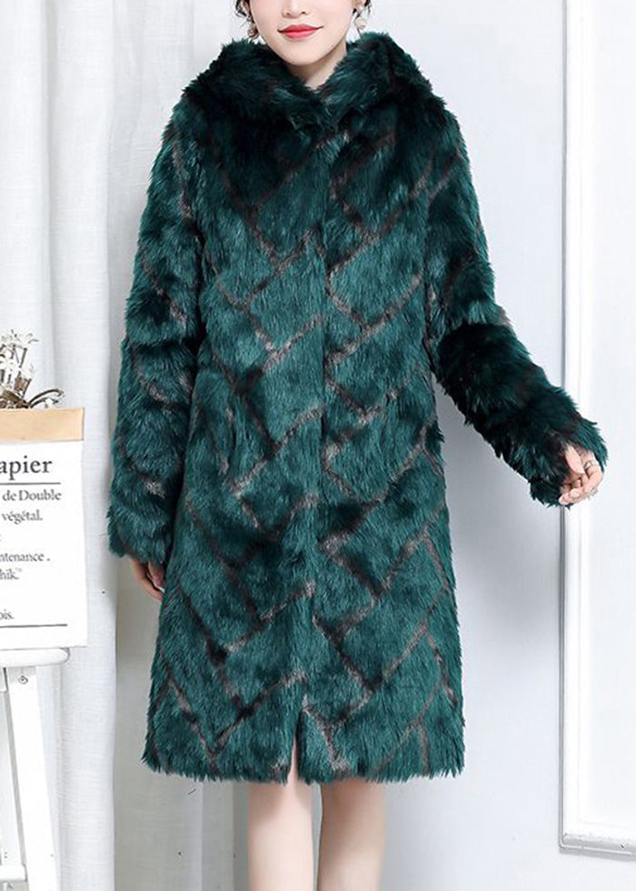 Plus Size Green Hooded Plaid Faux Fur Coats Winter