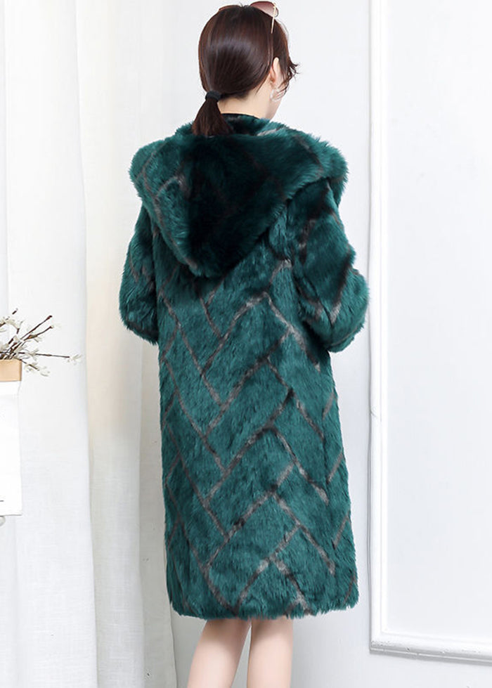 Plus Size Green Hooded Plaid Faux Fur Coats Winter