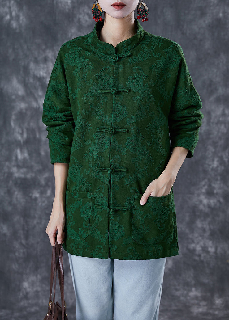 Plus Size Green Jacquard Chinese Button Cotton Coats Fall