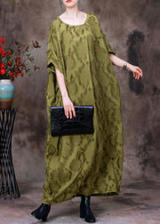 Plus Size Green O-Neck Asymmetrical Print Woolen Long Dress Batwing Sleeve