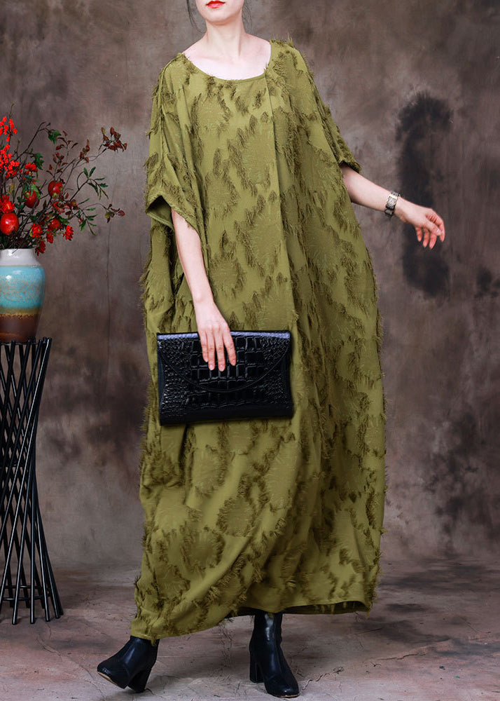 Plus Size Green O-Neck Asymmetrical Print Woolen Long Dress Batwing Sleeve