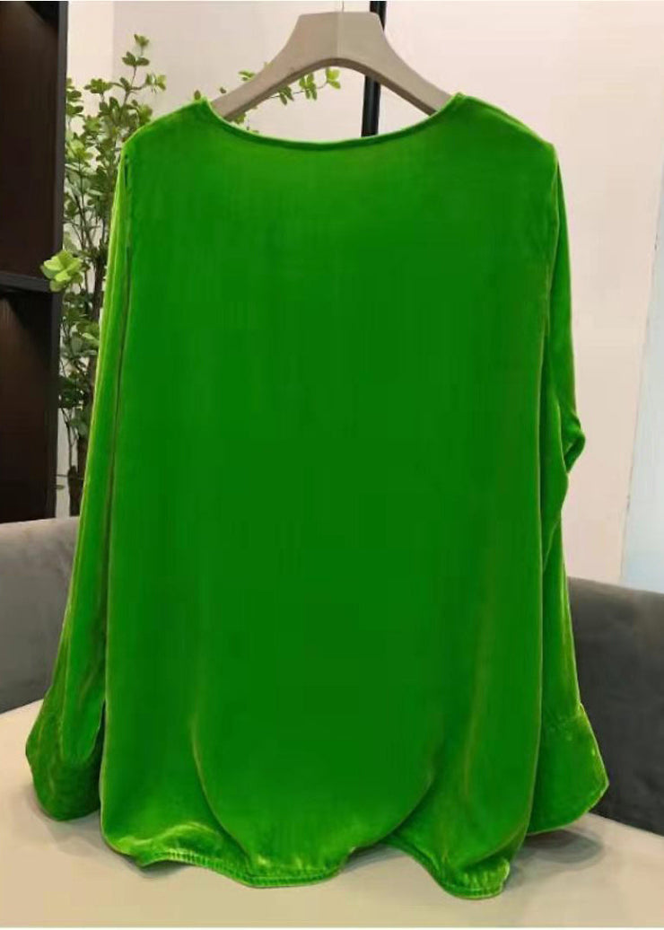 Plus Size Green O-Neck Cinched Velour tops long sleeve