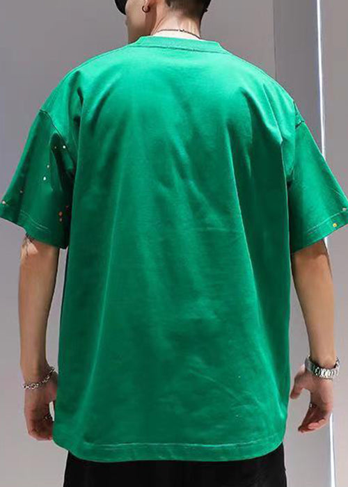 Plus Size Green O Neck Letter Print Cotton Men T Shirts Summer