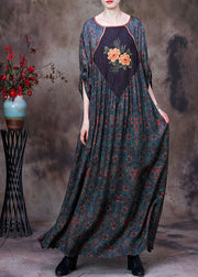 Plus Size Green O-Neck Patchwork Print Exra Large Hem Silk Maxi Dresses Long Sleeve