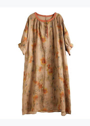 Plus Size Green O Neck Print Linen Long Dresses Half Sleeve