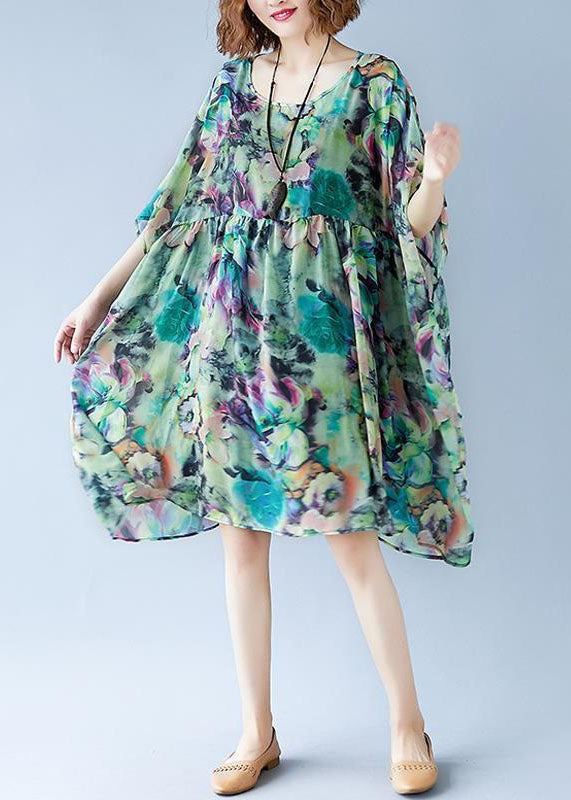 Plus Size Green O Neck Print Patchwork Chiffon Dresses Summer