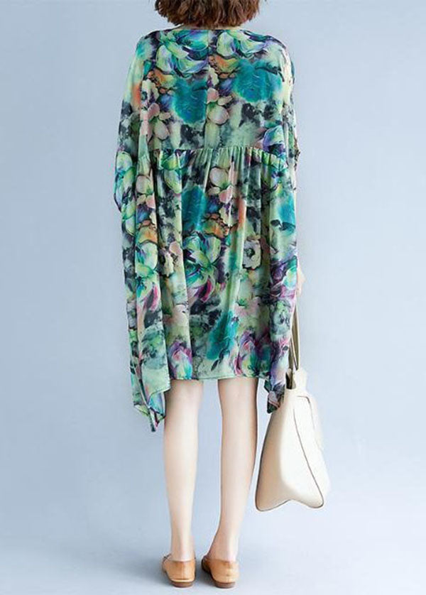 Plus Size Green O Neck Print Patchwork Chiffon Dresses Summer