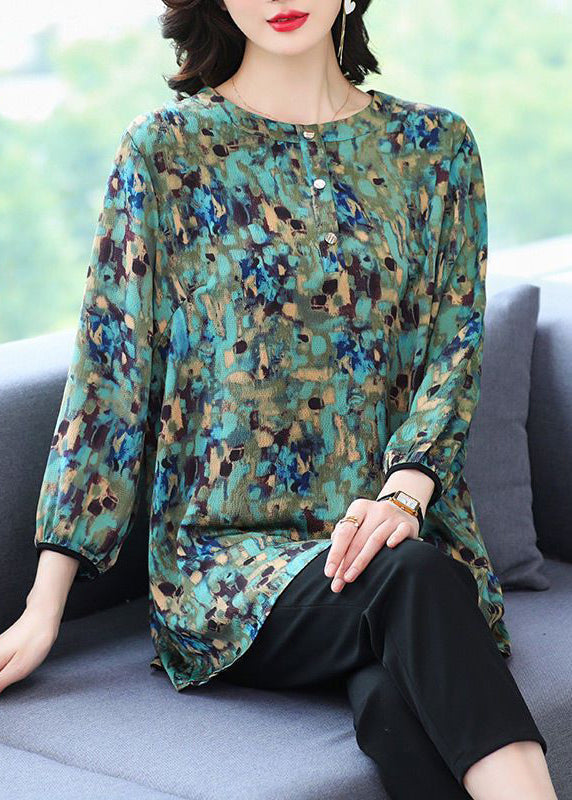 Plus Size Green O Neck Print Patchwork Cotton Top Fall