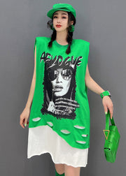 Plus Size Green O-Neck Print Patchwork Dress Sleeveless