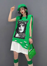 Plus Size Green O-Neck Print Patchwork Dress Sleeveless