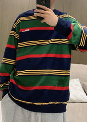 Plus Size Green O Neck Striped Cotton T Shirt Men Casual Clothing Fall