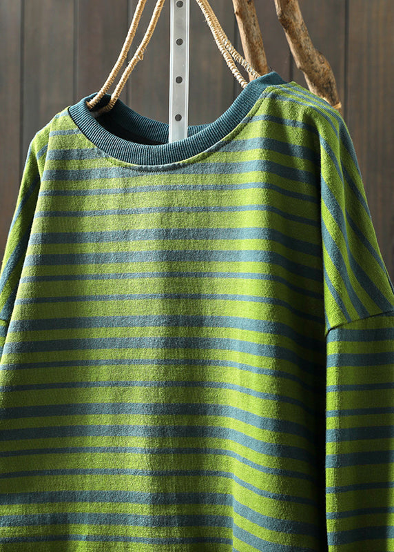 Plus Size Green O Neck Striped Patchwork Cotton T Shirt Top Fall