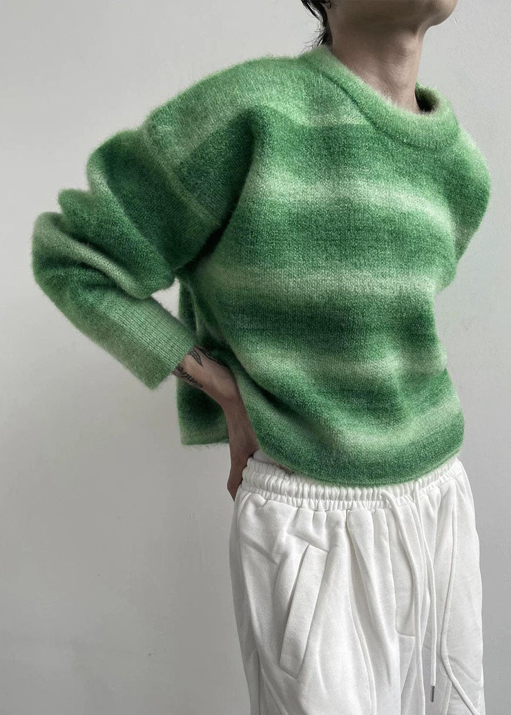 Plus Size Green O-Neck Striped Warm Knit Sweater Tops Winter