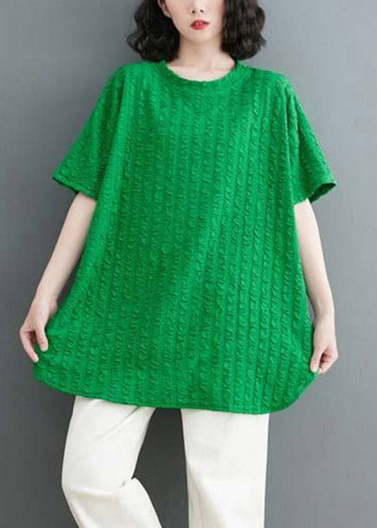 Plus Size Green O-Neck Wrinkled Cotton Top Short Sleeve