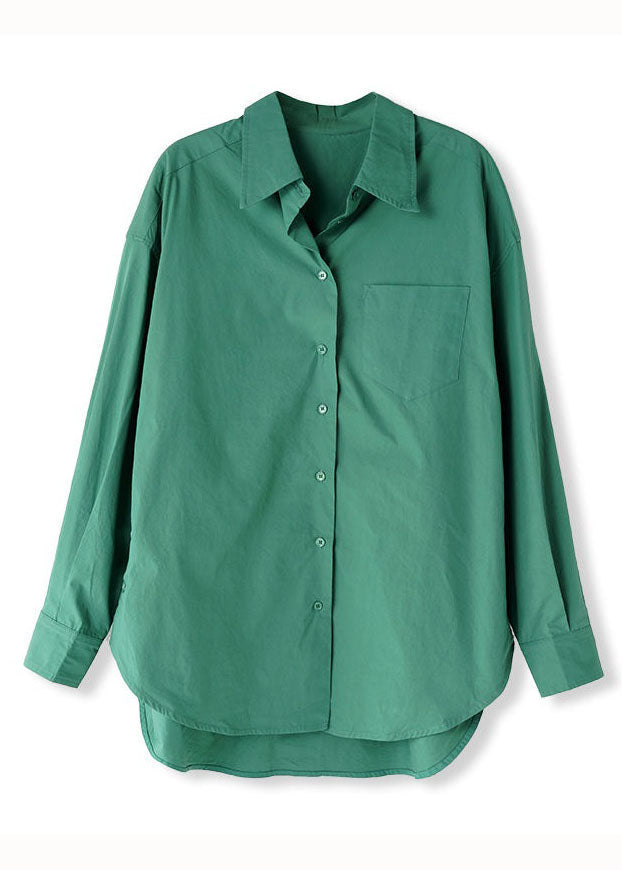 Plus Size Green Peter Pan Collar Button Patchwork Cotton Shirts Long Sleeve