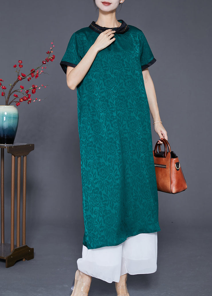 Plus Size Green Peter Pan Collar Patchwork Jacquard Silk Dress Summer