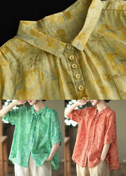 Plus Size Green Peter Pan Collar Patchwork Linen Blouses Summer