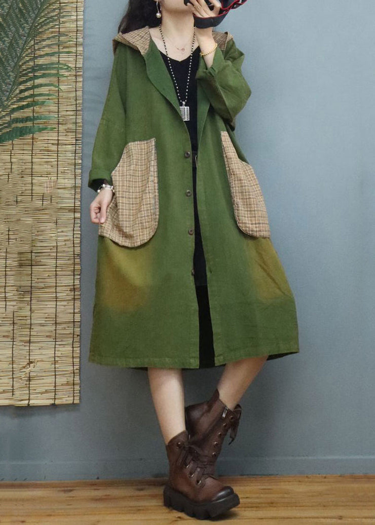 Plus Size Green Plaid Pockets Patchwork Cotton Coats Fall