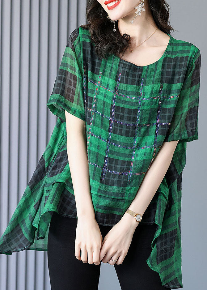 Plus Size Green Plaid Zircon Patchwork Linen T Shirts Summer