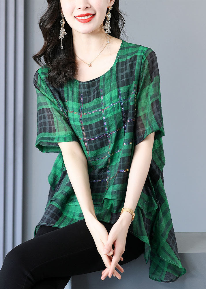 Plus Size Green Plaid Zircon Patchwork Linen T Shirts Summer