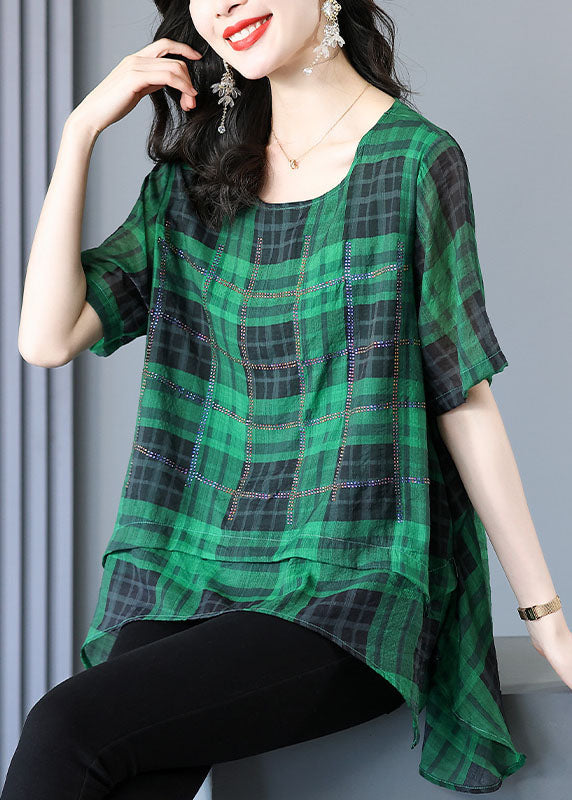 Plus Size Green Plaid Zircon Patchwork Linen T Shirts Summer