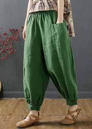 Plus Size Green Pockets Elastic Waist Cotton Harem Pants