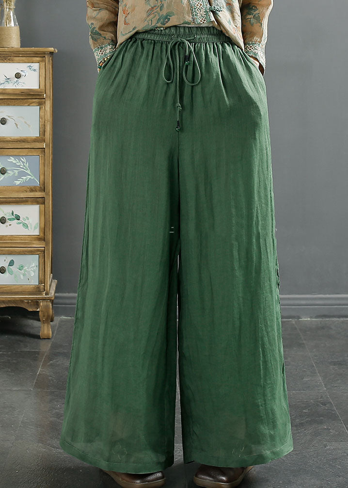 Plus Size Green Pockets Elastic Waist Ramie Wide Leg Pants Summer