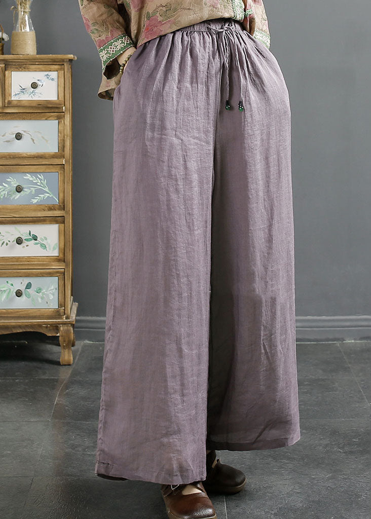 Plus Size Green Pockets Elastic Waist Ramie Wide Leg Pants Summer