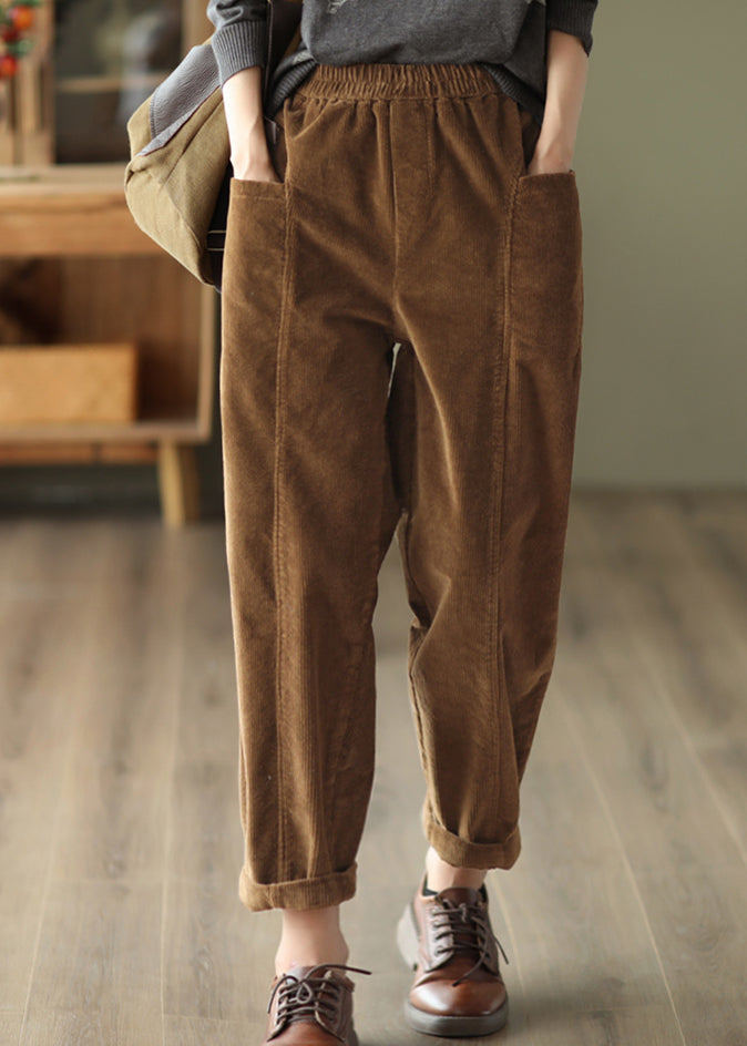 Plus Size Green Pockets Patchwork Corduroy Pants Fall