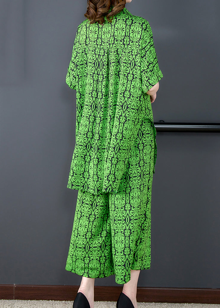 Plus Size Green Print Tops And Pants Chiffon Two Pieces Set Summer