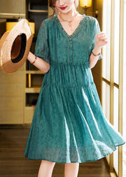 Plus Size Green Ruffled Linen Silk Vacation Dresses Summer