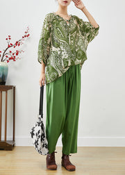 Plus Size Green Ruffled Print Linen Two-Piece Set Fall