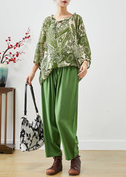 Plus Size Green Ruffled Print Linen Two-Piece Set Fall