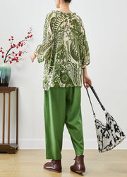 Plus Size Green Ruffled Print Linen Two-Piece Set Fall