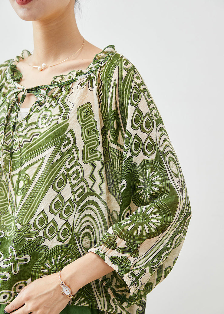 Plus Size Green Ruffled Print Linen Two-Piece Set Fall