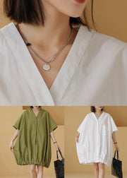 Plus Size Green Solid Button Cotton Shirts Mid Dress Short Sleeve