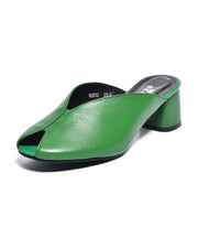 Plus Size Green Splicing Cowhide Leather Chunky Slide Sandals Peep Toe