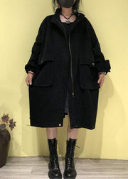 Plus Size Green Stand Collar Zippered Pockets Trench Coats Fall