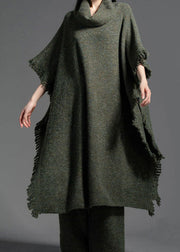 Plus Size Green Turtle Neck Side Open Wool Knit Dress Winter