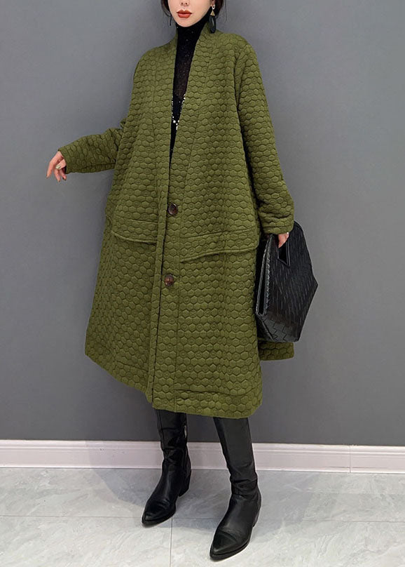 Plus Size Green V Neck  Cotton Filled exra large hem Trench coat Winter