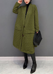 Plus Size Green V Neck  Cotton Filled exra large hem Trench coat Winter