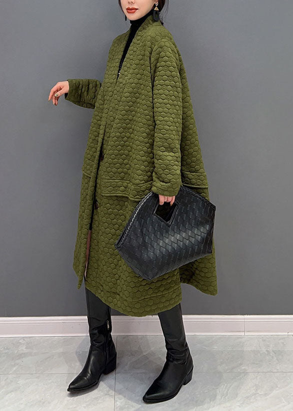 Plus Size Green V Neck  Cotton Filled exra large hem Trench coat Winter