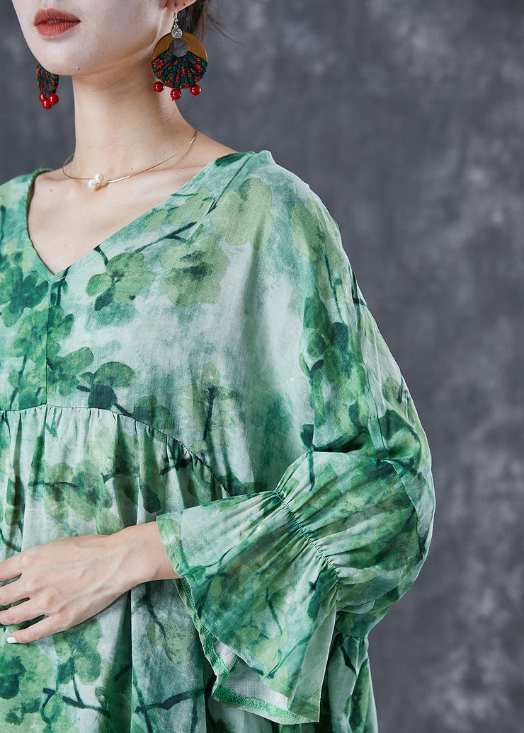 Plus Size Green V Neck Print Linen Shirts Batwing Sleeve