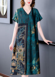 Plus Size Green V Neck Print Patchwork Silk Dress Summer