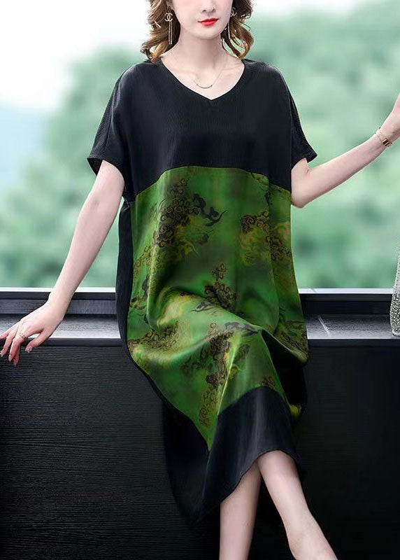 Plus Size Green V Neck Print Pockets Patchwork Silk Dress Summer