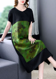 Plus Size Green V Neck Print Pockets Patchwork Silk Dress Summer